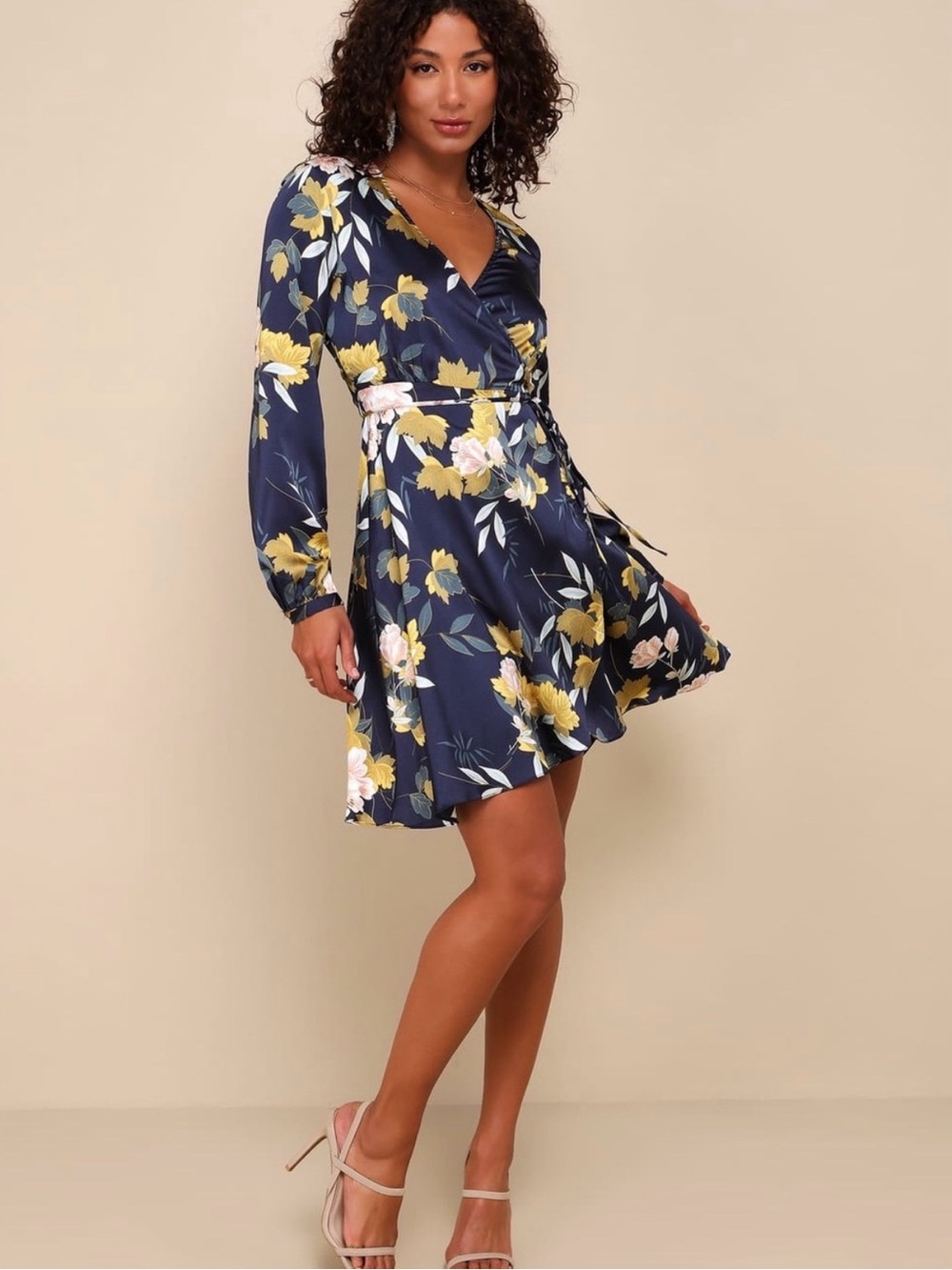 Lulu’s Satin Blue Floral Wrap Dress